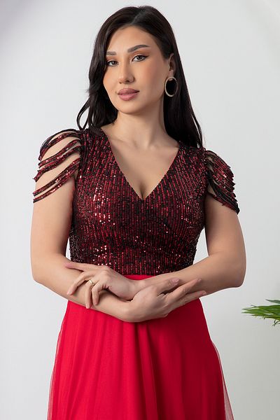 PULLIMM Top Paiete Paiete Șase Tulle Rochie Lungă de Seară 13118