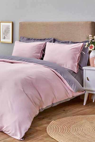 Sheri Home Lastikli Çarşaflı Nevresim Takımı Çift Kişilik Gül Kurusu-gri 100%...