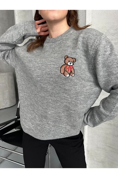 Elilook Pulover de damă Teddy Teddy Bear Brodat Tricotaj