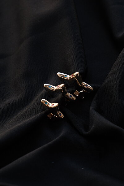 stainles steel Üçlü Renkli Zirkon Taş Detay Gold Yıldız Çelik Küpe Seti