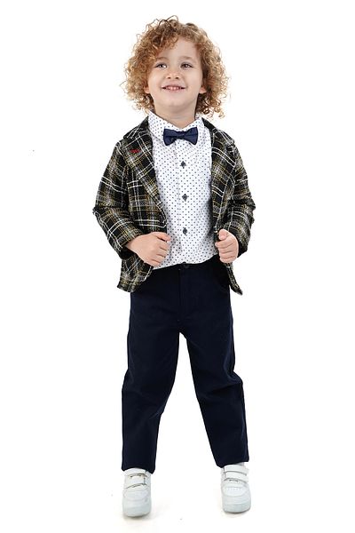 Merdia Boy's 4-Piece Suit Plaid Jacket, Print White Shirt, Bow Tie and Pants