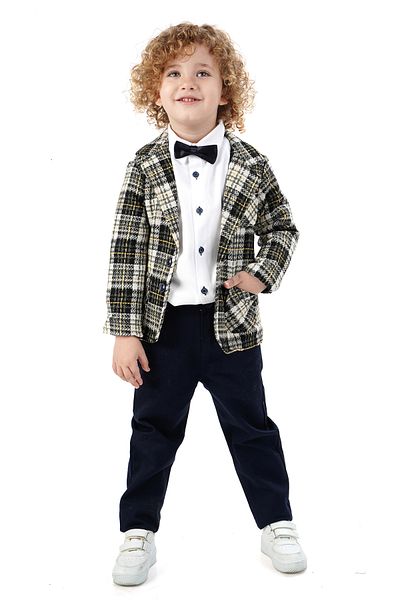 Merdia Boy's 4-Piece Suit Plaid Jacket, White Shirt, Bow Tie and Pants