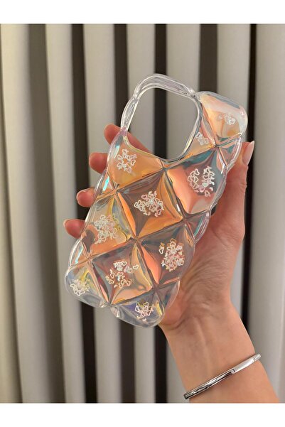 Store Iphone 16 Pro Uyumlu Baklava Model Kalp Desenli Şeffaf ve Hologramlı Pl...