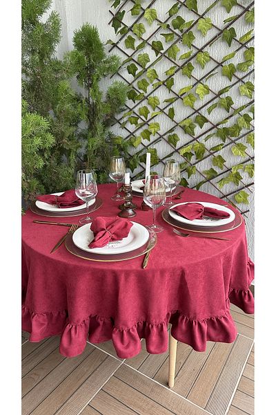 Decamor home Vintage Burgundy Ruffled Round Tablecloth Worry-Free and Stain-Proof