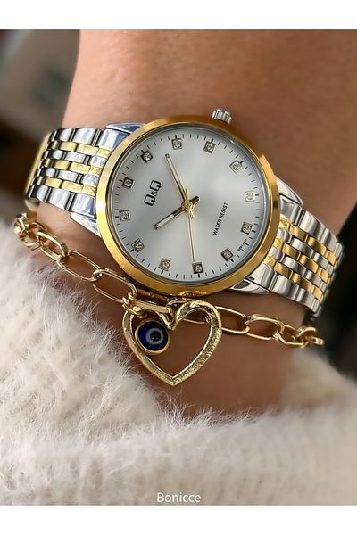 Q&Q Brand Steel Cord Yellow Silver Color Women's Wrist Watch Bracelet with Heart