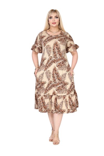 MELSAY Women's Beige Spike Pattern Plus Size Skirt Ruffled Pocket Dress