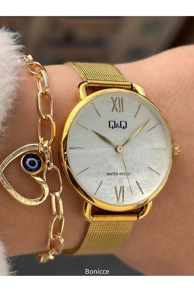 Q&Q Brand Yellow Color Mesh Steel Band Women Wristwatch Hearted Bracelet