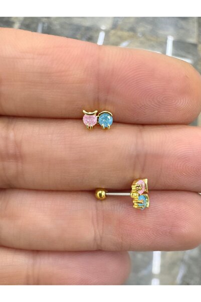 Arescollection 1 adet mavi pembe taşlı çelik tragus helix lobe uyumlu piercing