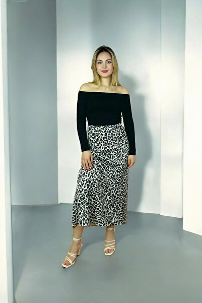 Butik Kadın Midi Boy Leopar Desenli Saten Etek