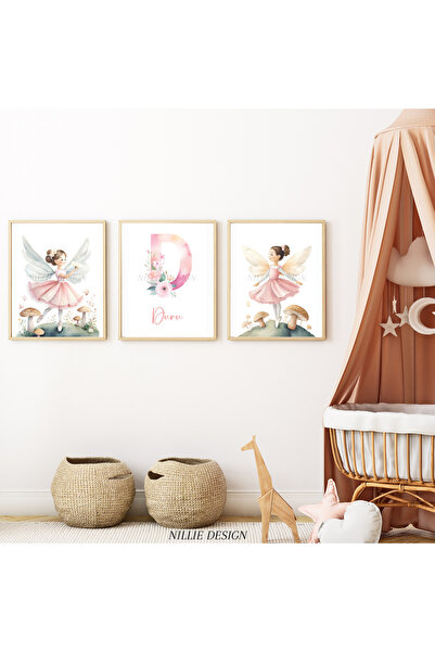 NILLIE DESIGN Pembe Peri Kızları 3'lü İsimli Tablo, Doğal Ahşap Çerçeveli Beb...