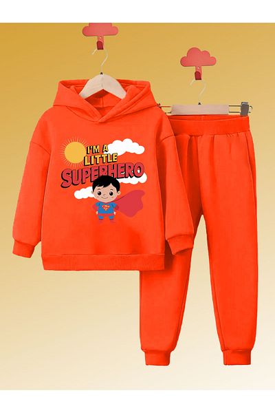 MODA Boys' Cotton Tracksuit Set - 3 Thread Raster, Little Superhero Print, Domestic Production