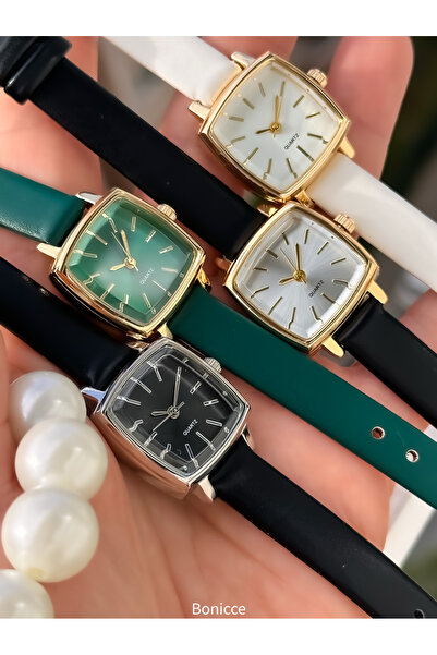 Bonicce Hediyelik Kutuda Siyah Deri Kordon, MİNİMAL KASA , Kare Kadın Kol Saa...