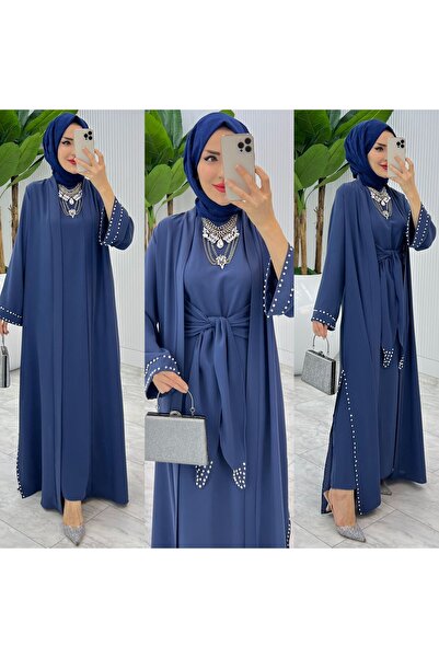 FIRSTESLEM Set dublu Abaya brodat cu piatră creponată și perle Dubai