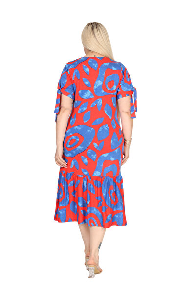 MELSAY Γυναικείο τετράγωνο γιακά κοντό μανίκι ροζ μοτίβο κακών ματιών μανίκια με κορδόνια φόρεμα μεγάλου μεγέθους