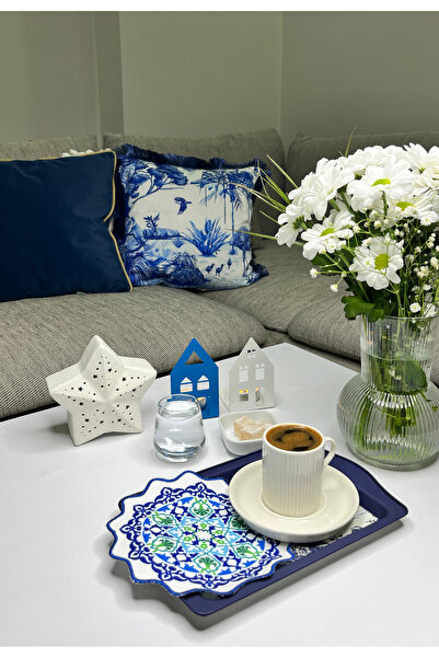 Genel Markalar Çini Motif Tasarımlı Sax Mavi ve Yeşil Nakış Kenar Kokteyl Peç...