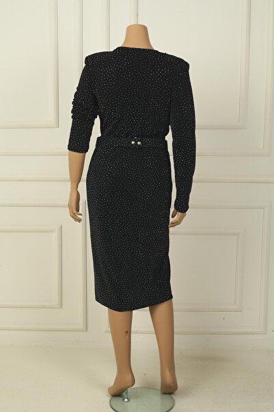 By Saygı Women's Ruvaze Collar Waist Belt Lined Rhinestone Plus Size Midi Dress