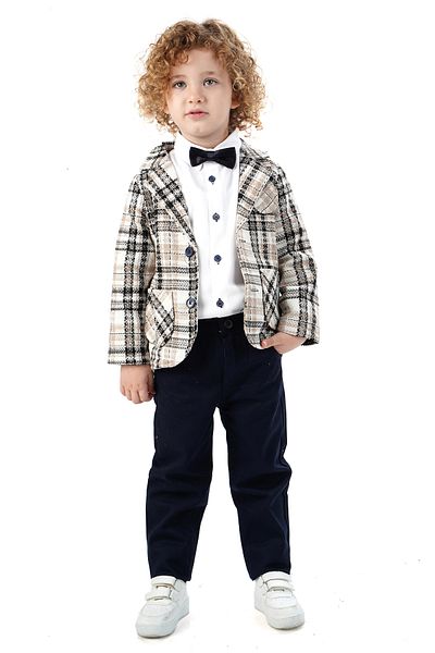 Merdia Boy's 4-Piece Suit Plaid Jacket, White Shirt, Bow Tie and Pants
