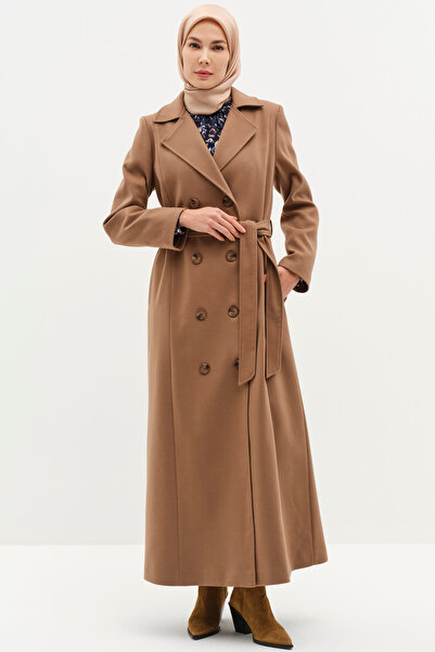 Tuğba Kruvaze Beli Kuşaklı Manto - Camel