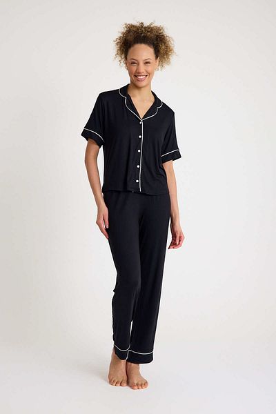 No52 HomeWear Set de pijamale cu mânecă scurtă pentru femei, 90% bumbac, 10% elastan, culoare neagră
