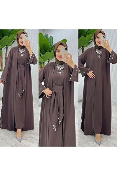 FIRSTESLEM Set dublu Abaya brodat cu piatră creponată și perle Dubai