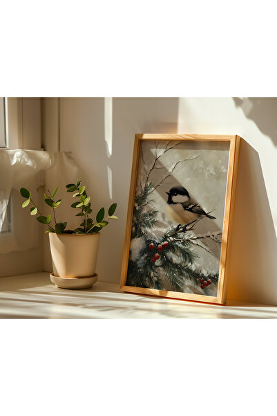 Peppy Rooms Doğal Ahşap Çerçeveli Tablo Kuş,Winter,Dekorasyon PEPPY-109