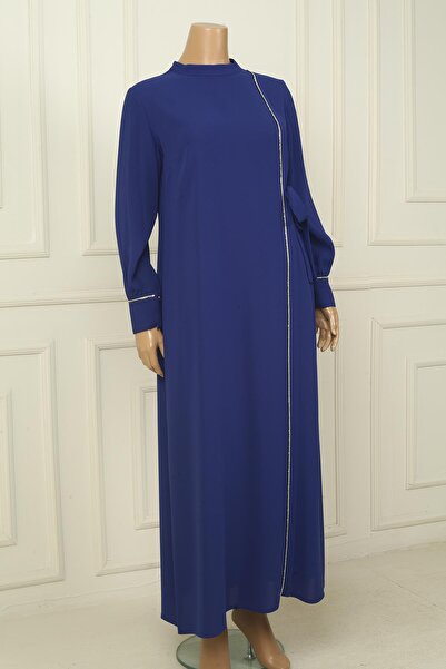 By Saygı Women's Long Crepe Dress with Zippered Sleeves, Stone Detail, Side Tie, Plus Size
