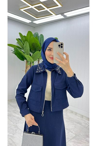 FIRSTESLEM Women's Double Suit with Jeans Collar, Jackets and Skirts in Soft Denim Fabric