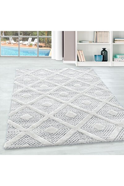 Pixel Modern Bukleli Kabartmalı 3 Boyutlu Kolay Temizlenen Kare Desenli Tozsuz Krem Halı