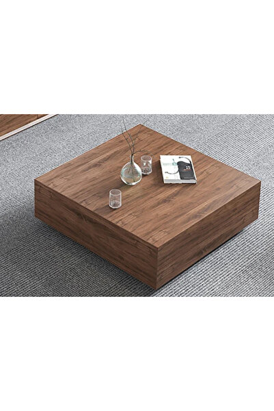 Eriza Home 1002 Kare Traverten Mermer Desenli Modern Orta Sehpa, Ceviz