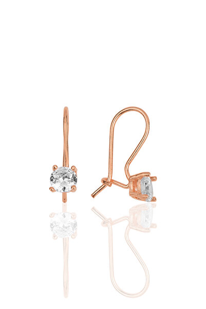 Söğütlü Silver Gümüş Rose Zirkon Taşlı Pırlanta Modeli Çengelli Tektaş Küpe S...