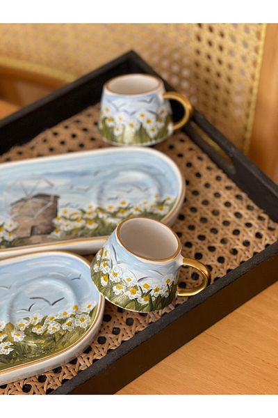 Store Special Design Hand Painted Windmill Themed Turkish Coffee Cup