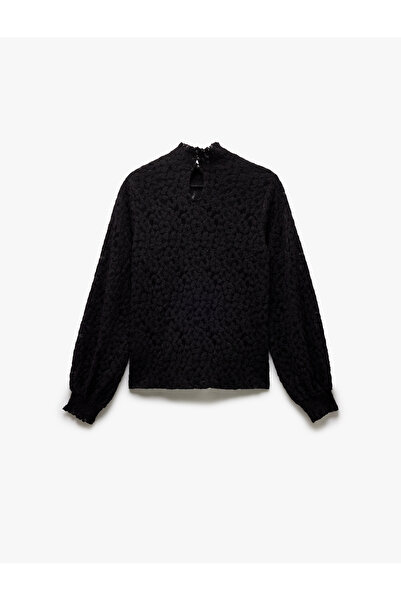 Koton Μακρυμάνικη ημιδιάφανη μπλούζα με λεπτομέρεια από δαντέλα με όρθιο λαιμό