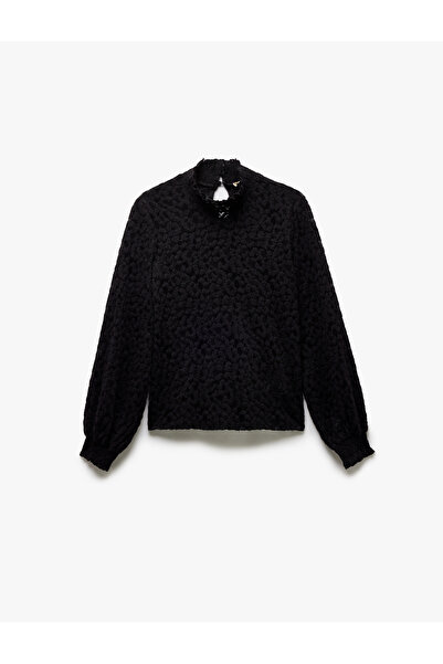 Koton Μακρυμάνικη ημιδιάφανη μπλούζα με λεπτομέρεια από δαντέλα με όρθιο λαιμό