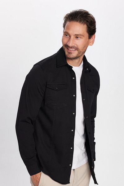 Tudors Slim Fit Μακρυμάνικο Casual Τζιν Τζιν Ανδρικό Μαύρο Πουκάμισο