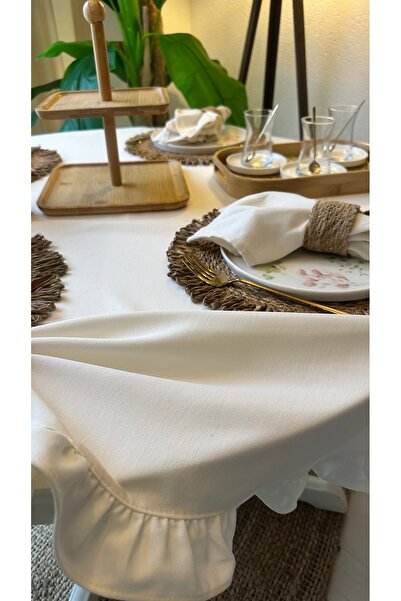 Decamor home Cotton Fabric Vintage Ruffled Ecru Round Tablecloth