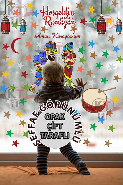 Kt Grup Ramadan Bear Hacivat - Karagöz Themed Glass Wall Ornaments Double Sided Sticker Set