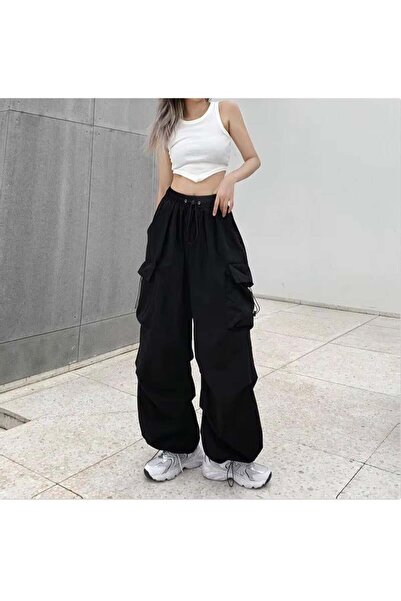 Köstebek Siyah Lastikli Kargo Cep Detaylı Beli Lastikli Pantolon
