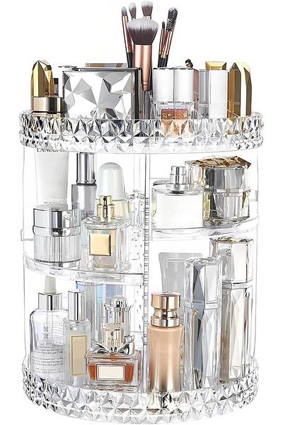 AWH Rotating Makeup Organizer with Compartments, 3-Tier Acrylic Clear 360° Spinning Storage Display