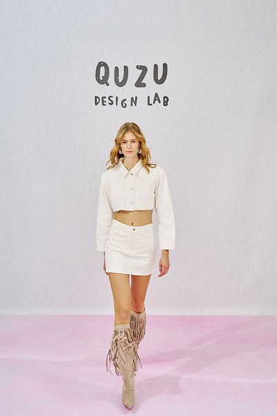 Quzu Cream Mini Denim Skirt - Knit Detail
