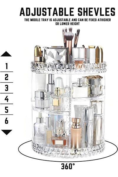 AWH Rotating Makeup Organizer with Compartments, 3-Tier Acrylic Clear 360° Spinning Storage Display
