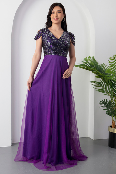 PULLIMM Üstü Pul Payetli Altı Tül Uzun Abiye Elbise 13118