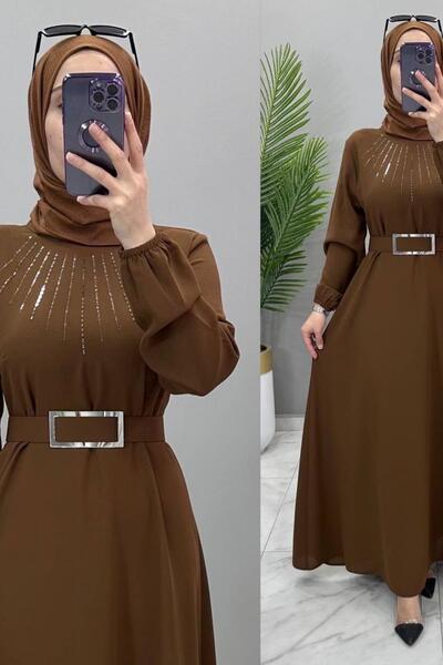 Genel Markalar TAŞ DETAY KUŞAKLI ŞIK LEYLA ABİYE ELBİSE