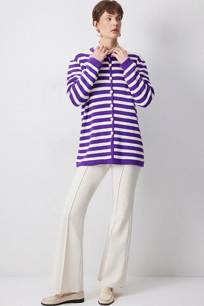Touché Privé Gold Buttoned Striped Long Cardigan