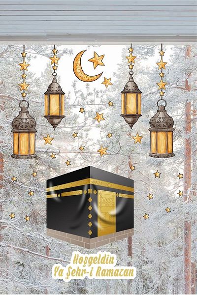 Kt Grup Ramadan Kaaba și felinare de sticlă de bun venit Ya-City Ornament Hârtie autocolant pentru dormitor