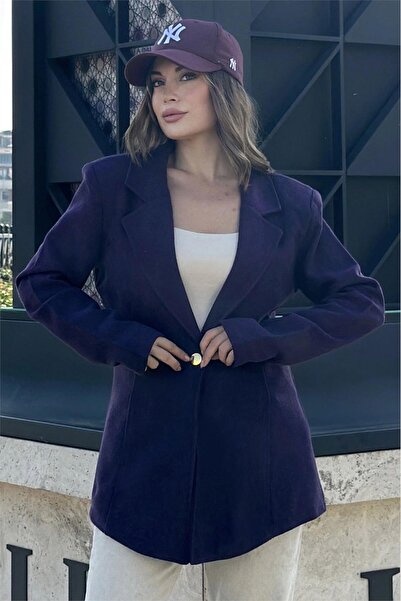 Juuuj Kadın Mor Astarlı, Tek Düğme, Vucüda Oturan Kalıp, Fitilli Kaşe Kumaş Blazer Ceket