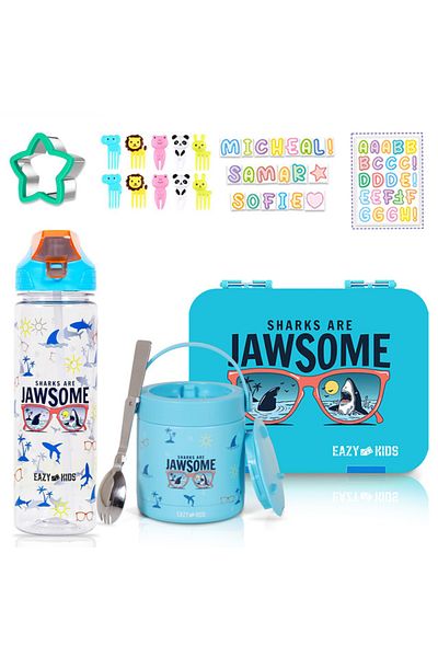 Eazy Kids Eazy Kids 6 / 4 Compartment Bento Lunch Box w / Tritan Water Bottle & Steel Food Jar Jawsome - Blue