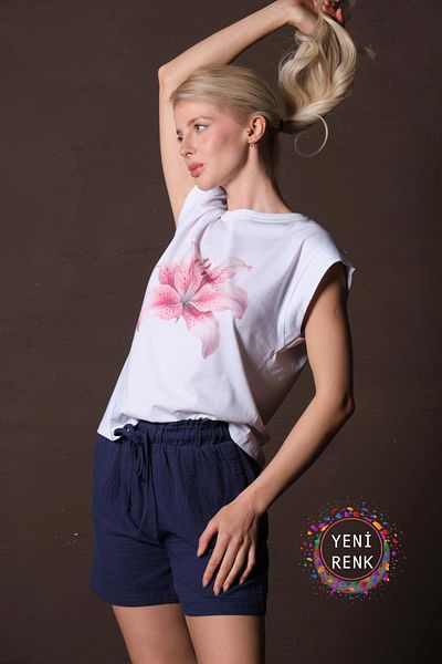 Maule Navy Blue 100% Cotton Muslin Fabric Relaxed Cut Lace up Elastic Pocket Women's Shorts @Las Palmas