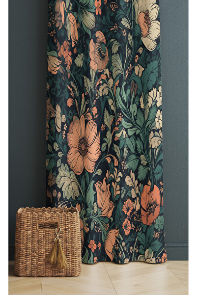 ALAMODECOR Vintage Yaprak Desen Tek Kanat Oturma Odası Salon Fon Perde