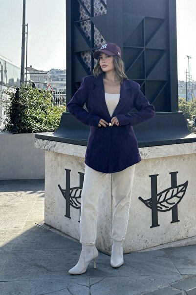 Juuuj Kadın Mor Astarlı, Tek Düğme, Vucüda Oturan Kalıp, Fitilli Kaşe Kumaş Blazer Ceket