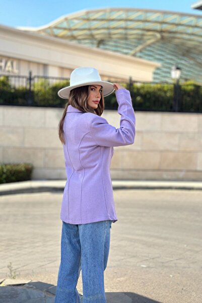 Juuuj Kadın Lila Astarlı, Tek Düğme, Vucüda Oturan Kalıp, Fitilli Kaşe Kumaş Blazer Ceket